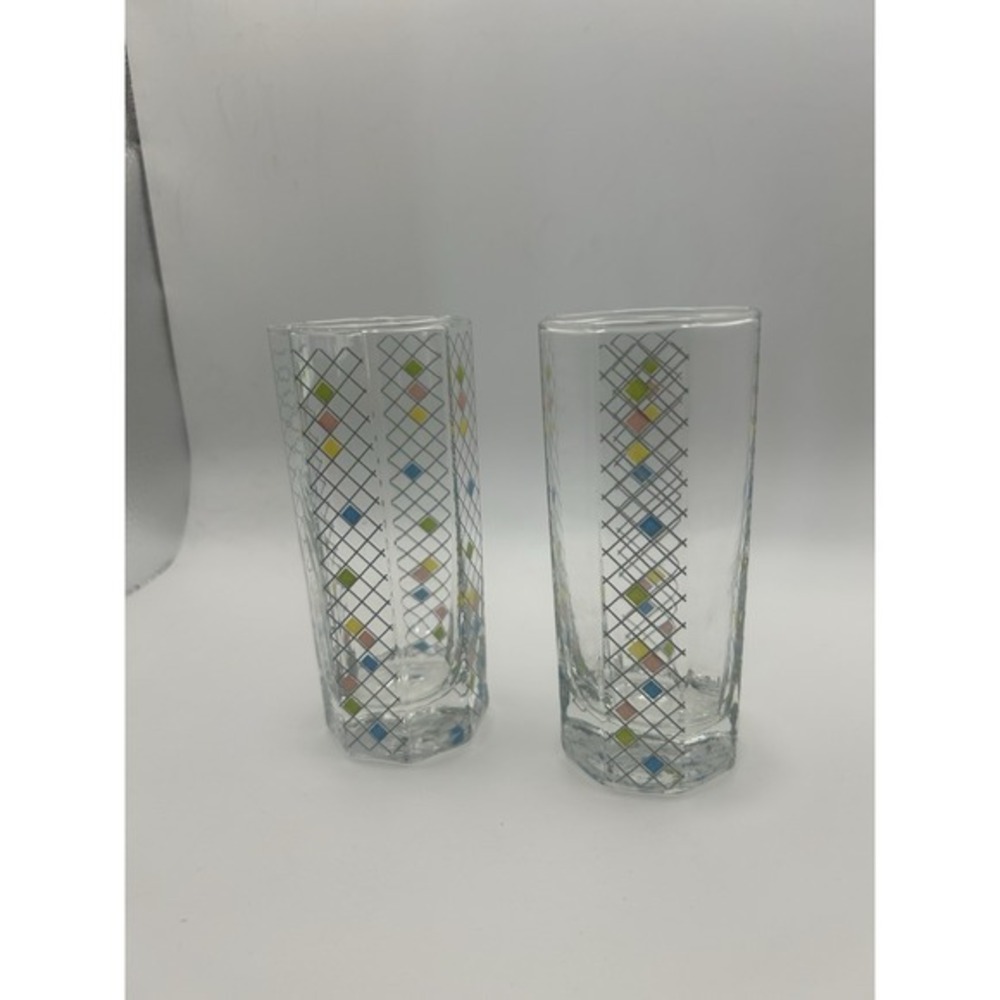 Pair Vintage MCM Juice Glasses Multicolored Checker Design‎